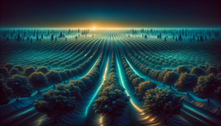 Los extensos huertos de Fresno bajo un cielo crepuscular, con sutiles insinuaciones sobrenaturales.