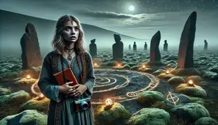 Freyja de pie cerca de un círculo de piedras brillantes en el valle de Hólavellir, sosteniendo un diario y una cámara.