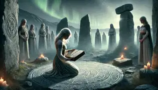 Freyja se arrodilla en el círculo de piedras al atardecer, ofreciendo un libro encuadernado a los huldufólk bajo el resplandor de las luces del norte.