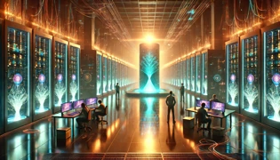 Futuristic Silicon Valley data center with glowing servers and teal core, technicians observing in awe