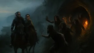 Carretera costera de Galloway al anochecer, mientras el clan Sawney Bean embosca a los viajeros desde las sombras.