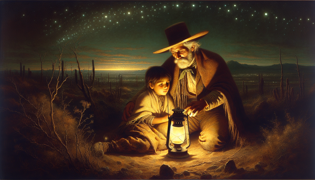 Gauchito Gil atendiendo a un niño enfermo a la luz de una linterna durante una fría noche.