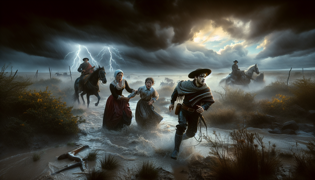 Un joven gaucho guiando a una familia asustada hacia la seguridad durante una repentina tormenta en las pampas argentinas.