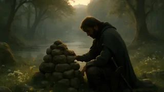 Prince Llywelyn mourning at Gelert’s grave in a wildflower glade by a river.