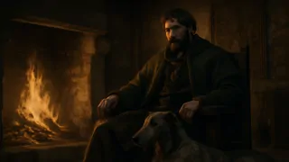 Gelert lying at Prince Llywelyn’s feet inside a stone castle hall.