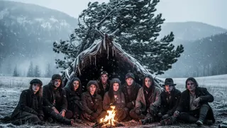 Los marginados de Poker Flat se refugian alrededor de un pequeño fuego mientras una tormenta de nieve en Sierra los envuelve.