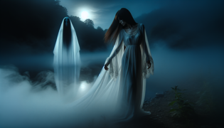 Ethereal woman in white with long dark hair appearing through the fog by the river.