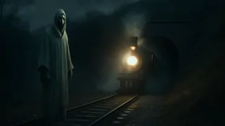 Silueta fantasmagórica de un señalero haciendo señas mientras un tren de medianoche sale a toda prisa de un oscuro túnel.
