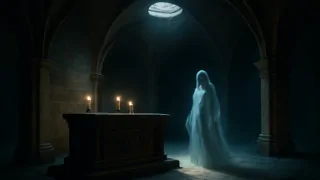 Última cámara iluminada por la luna, con un monje espectral protegiendo un relicario abierto lleno de tesoros
