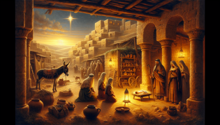 Tres reyes magos presentando oro, incienso y mirra al bebé Jesús en un pesebre en Belén.
