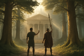 Gilgamesh y Enkidu entrando en el denso Bosque de Cedro con las espadas desenvainadas