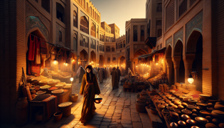 Una joven con ropa desordenada que se desplaza por un bullicioso mercado medieval, bajo faroles resplandecientes y muros ocres.