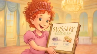 Fancy Nancy presenta un magnífico libro de glosario en una gala extravagante llena de decoraciones relucientes.