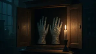Un enigmático armario de madera adornado que exhibe guantes plateados rúnicos sobre terciopelo carmesí.