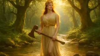 Diosa emergiendo del arroyo para presentar hachas