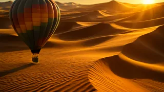 Globo aerostático sobrevolando las arenosas dunas del Sahara iluminadas por el sol