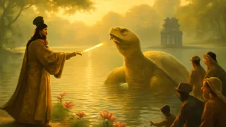 Die goldene Schildkrötengottheit, die aus dem Hoan-Kiem-See auftaucht, während Le Loi das Schwert zurückgibt.