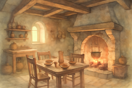 Interior de una cálida cocina de cabaña, con tres tazones deugao en una mesa de madera