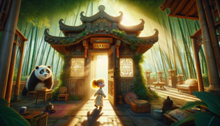 Goldy Luck peeking into a quaint wooden house with traditional Chinese decor.