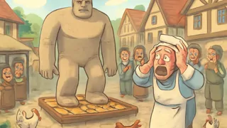 The Golem stands on a tray of bagels in Chelm’s square as villagers look on in shock.
