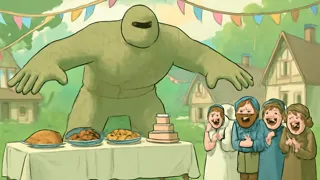 The Golem shelters wedding tables from rain while guests get drenched in Chelm.