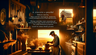 Una mujer reflexiva está preparando una comida en una acogedora cocina de granja iluminada por la cálida y suave luz de la tarde.