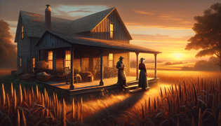 Una pareja compartiendo un momento tranquilo en el porche de una granja bajo un atardecer dorado, reflejando un entendimiento mutuo.