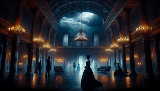 Una confrontación intensa entre Eleanor y las apariciones de Henry y Emily en el gran salón durante una tormenta.