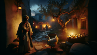 Theodoros watches his mystical goose with a conflicted expression under twilight in an ancient Greek setting.