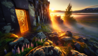 Muro de basalto donde una vez estuvo la puerta dorada bajo la luz del solsticio de verano