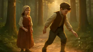 Hansel y Gretel caminando por un estrecho sendero del bosque cubierto de piedras, bajo los altos pinos