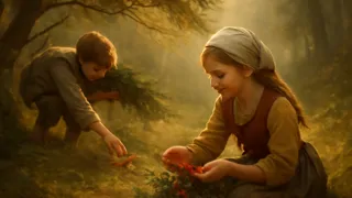 Hansel y Gretel recolectando bayas y hongos en un claro iluminado por el sol, rodeados de antiguos robles.