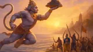Hanuman leaps over the ocean toward Lanka as monkeys cheer on the shore.