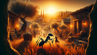 Ancient Greek scene of a sun-scorched village with a focused ant and a carefree grasshopper.