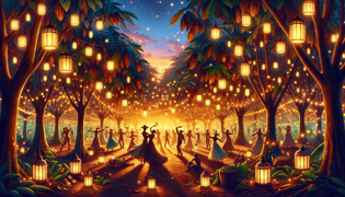 Aldeanos celebrando una abundante cosecha de cacao bajo árboles iluminados con faroles.