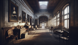 El interior de una mansión del siglo XIX cuenta con retratos desvaídos, una arquitectura en ruinas y una atmósfera inquietante.