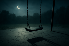 Cuerda oxidada de columpio del parque moviéndose por sí sola a la luz de la luna