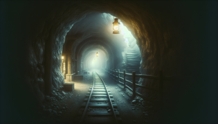 Un antiguo túnel de mina iluminado por una sola linterna oscilante, con paredes húmedas que reflejan un cálido resplandor y sombras profundas.