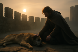Llywelyn arrodillado junto a Gelert al amanecer, con los soldados en pie respetuosamente en el fondo.