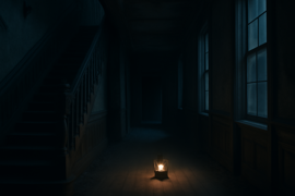 Un pasillo tenuemente iluminado dentro de la mansión Ten Brook, con papel tapiz descascarado y una puerta a lo lejos.