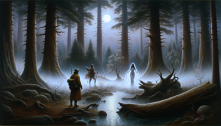 Una criatura etérea y pálida que emerge de los árboles iluminados por la luna para encontrarse con un pequeño grupo en el claro del bosque junto a un estanque.