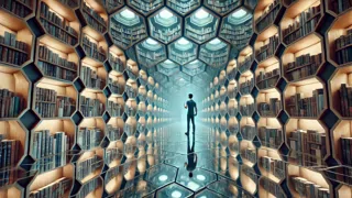 A lone seeker stands in a gallery of mirrors within the infinite library, seeing many reflected selves.