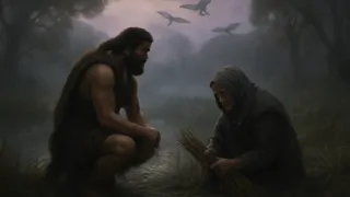 Heracles kneels beside an old woman gathering reeds at the edge of a misty marsh.