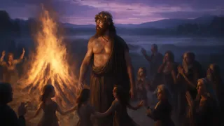 Heracles is celebrated by villagers near a bonfire in the marsh at dusk, children dancing around him.