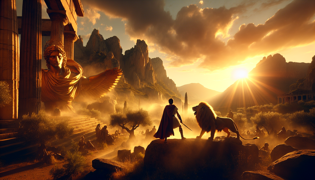 Heracles engaged in fierce combat with the majestic Nemean Lion under bright, vivid daylight