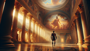 Heracles in a majestic marble hall under warm golden light, reflecting on his destiny