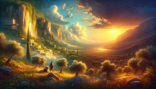 A reflective Heracles stands near the subdued Nemean Lion in a sunlit valley, embodying a legacy of courage and humility
