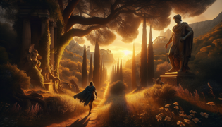 Heracles walking along a sunlit forest trail with ancient statues and vibrant nature