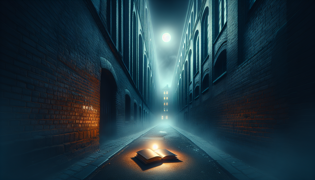 Un callejón oscuro iluminado por una única lámpara parpadeante que revela un diario secreto.