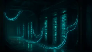 Estantes de servidores oxidados y flujos de datos en neón en un archivo subterráneo